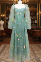 Green A-Line Sweetheart Green Tulle Lace Long Evening Prom Dresses, Green Formal Dresses