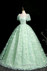 Green A-Line Tulle Beaded Sequin Long Evening Prom Dresses, Beautiful 3D Butterfly Evening Dresses