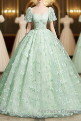Green A-Line Tulle Beaded Sequin Long Evening Prom Dresses, Beautiful 3D Butterfly Evening Dresses