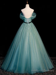 Green A line Tulle Sequin Long Prom Dress, Green Tulle Graduation Dress
