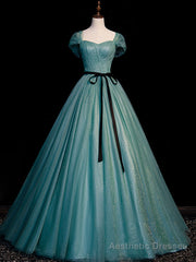 Green A line Tulle Sequin Long Prom Dress, Green Tulle Graduation Dress