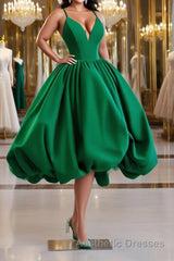 Green Ball Gown Satin Short Evening Prom Dresses, Green Satin Evening Dresses