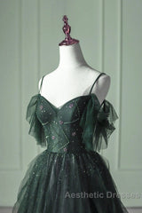 Green Gradient Tulle A-Line Long Formal Dresses, Green Beaded Straps Party Dresses Evening Prom Dresses