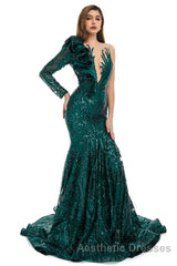 Orange Mermaid One Sleeve Evening Prom Dresses Sequined Lace Jewel Ruffles Evening Party Dresses with Appliques