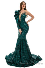 Orange Mermaid One Sleeve Evening Prom Dresses Sequined Lace Jewel Ruffles Evening Party Dresses with Appliques