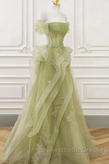 Green Off Shoulder Lace Long Evening Prom Dresses, Green Formal Dresses