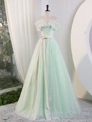 Green Off Shoulder Tulle Green Long Evening Prom Dresses, Green Lace Long Sweet 16 Dresses