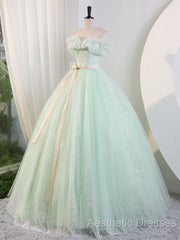 Green Off Shoulder Tulle Green Long Evening Prom Dresses, Green Lace Long Sweet 16 Dresses
