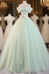Green Off Shoulder Tulle Green Long Evening Prom Dresses, Green Lace Long Sweet 16 Dresses