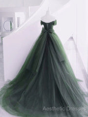 Green Off Shoulder Tulle Sweetheart Long Party Dresses, Green Tulle Evening Dresses Evening Prom Dresses
