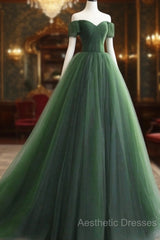 Green Off Shoulder Tulle Sweetheart Long Party Dresses, Green Tulle Evening Dresses Evening Prom Dresses