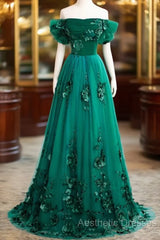 Green Off Shouldr Ball Gown Flowers Tulle Formal Dresses, Green Floor Length Party Dresses