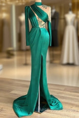 Green Robe De Soiree Sheath Long Sleeves Satin Beaded Slit Sexy Long Evening Prom Dresses Evening Prom Gown Evening Dresses