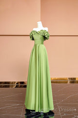 Green Satin Floor Length Evening Prom Dresses, Off The Shoulder Evening Party Dresses