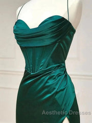 Green Satin Long Mermaid Slit Evening Prom Dresses