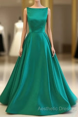 Green Satin Long Evening Prom Dresses, Green Evening Dresses