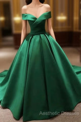 Green Satin Evening Prom Dresses Long Off The Shoulder Ball Gowns Quinceanera Dresses