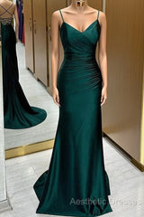 Green Satin V-Neckline Mermaid Straps Evening Gown, Green Satin Evening Prom Dresses
