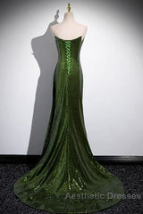 Green Sequins Long Mermaid Evening Prom Dresses, Green Lace-Up Party Dresses With Slit