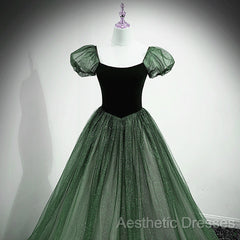 Green Shiny Tulle Short Sleevse Long Formal Dresses, Green A-Line Evening Prom Dresses Party Dresses
