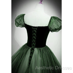 Green Shiny Tulle Short Sleevse Long Formal Dresses, Green A-Line Evening Prom Dresses Party Dresses