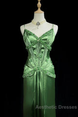 Green Spaghetti Strap Sheath Satin Beaded Evening Prom Dresses Evening Gown