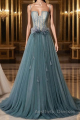 Green sweetheart tulle lace long Evening Prom Dresses green formal Dresses
