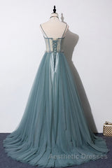 Green sweetheart tulle lace long Evening Prom Dresses green formal Dresses