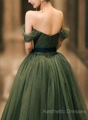 Green Tulle A-Line Off Shoulder Evening Prom Dresses, Green Tull Long Formal Dresses Evening Dresses