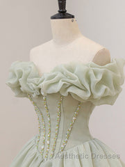 Green Tulle Beading Long Evening Prom Dresses, Green Formal Graduation Dresses