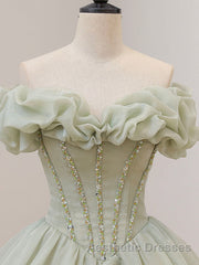 Green Tulle Beading Long Evening Prom Dresses, Green Formal Graduation Dresses