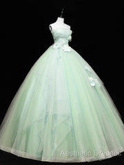 Green Tulle Lace Applique Long Evening Prom Dresses, Green Sweet 16 Dresses