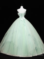 Green Tulle Lace Applique Long Evening Prom Dresses, Green Sweet 16 Dresses