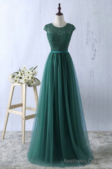 Green tulle lace top round neck long evening dresses ,simple formal dress