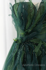 Green Tulle Long A-Line Evening Prom Dresses, Beautiful Spaghetti Straps Evening Dresses