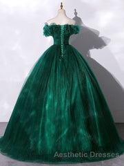 Green tulle off shoulder long Evening Prom Dresses green tulle formal gown