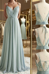 Green V Neck Chiffon Evening Prom Dresses with Lace Back, Green V Neck Long Formal Evening Dresses
