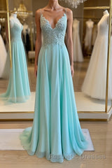 Green v neck lace chiffon long Evening Prom Dresses, lace evening Dresses