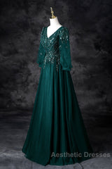 Green V-Neck Tulle Beads Long Evening Prom Dresses, Elegant Long Sleeve Evening Party Dresses