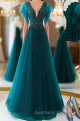 Green v neck tulle beads long Evening Prom Dresses, green tulle formal Dresses