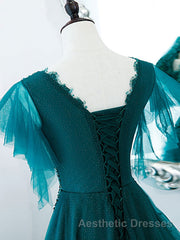 Green v neck tulle beads long Evening Prom Dresses, green tulle formal Dresses