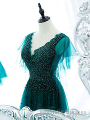 Green v neck tulle beads long Evening Prom Dresses, green tulle formal Dresses