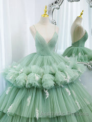 Green v neck tulle long Evening Prom gown, green tulle sweet 16 Dresses