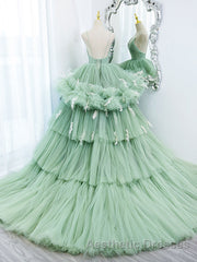 Green v neck tulle long Evening Prom gown, green tulle sweet 16 Dresses