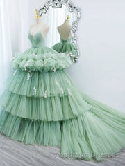 Green v neck tulle long Evening Prom gown, green tulle sweet 16 Dresses