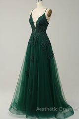 Green V-Neckline Tulle With Lace Cross Back, Green Tulle Evening Prom Dresses