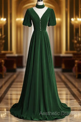 Green Velvet A-Line Short Sleeves Long Party Dresses, Green Long Evening Prom Dresses