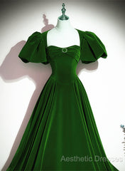 Green Velvet Backless Long Party Dresses, Green Short Sleeves Formal Dresses Evening Prom Dresses