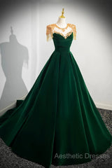 Green Velvet Beaded Long Evening Prom Dresses, A-Line Beautiful Evening Party Dresses