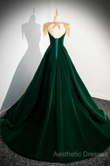 Green Velvet Beaded Long Evening Prom Dresses, A-Line Beautiful Evening Party Dresses